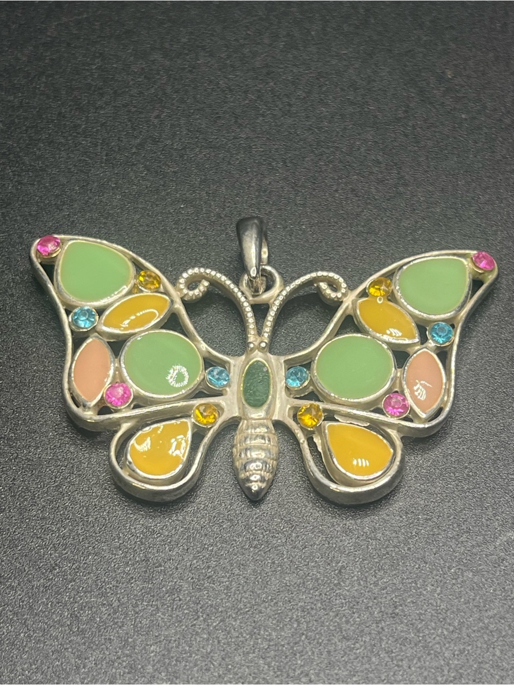 Colorful Enamel Butterfly Pendant Rhinestone Silver Tone